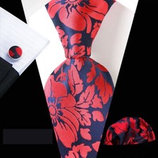 Classic Floral Blue Red Jacquard Silk Men's Tie Necktie Hanky Cufflink Set