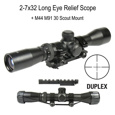 TACFUN Mosin Nagant 2-7x32 Long Eye Relief Scope + M44 M91 30 Scout Mount