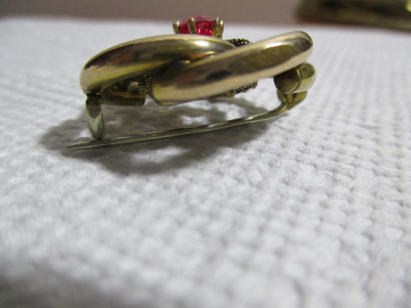 Victorian Rolled Gold & Ruby Love Knot Pin Brooch Gem