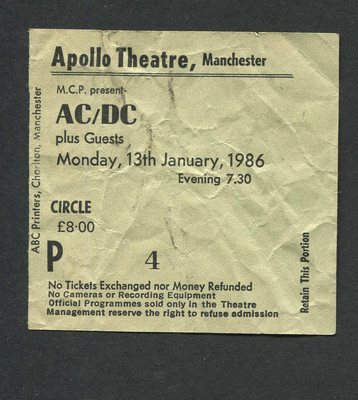 Original 1986 AC/DC Concert Ticket Stub Apollo Manchester Fly On The ...