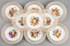 Set 9 KPM Berlin Hand Painted Porcelain Fruit Reticulated Plates c.1890 Marked