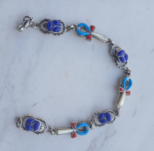 STUNNING EGYPTIAN REVIVAL 925 STERLING SILVER LAPIS TURQUOISE BRACELET