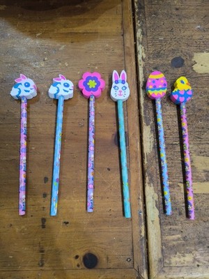 Vintage Lisa Frank Easter Pencils With Large Eraser Tops 6 Pieces Unsharpened