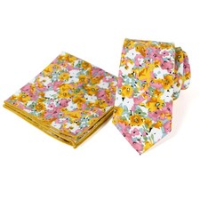 Men's Floral Necktie and Pocket Square Handkerchief Hanky Set 68-Pink Yellow
