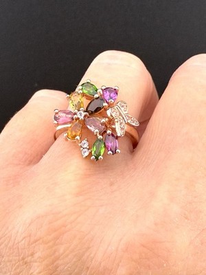 Sterling 925 Rose Gold Butterfly Multi Gem & Moissanite Ring Size 6.5