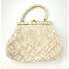 Vintage White Beaded Purse with Faux Mother of Pearl Look 8.5" by 11"