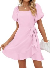Womens Summer Mini Skirt Dress Square Neck Puff Sleeves Tie Waist Short Dresses