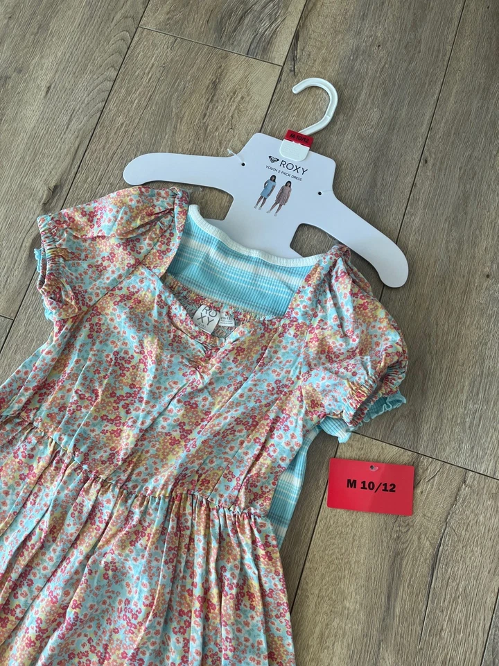 ROXY Brand Youth Girls Dress Set Size M 10/12 Pink Floral & Aqua Popover Tee - Image 4 of 4