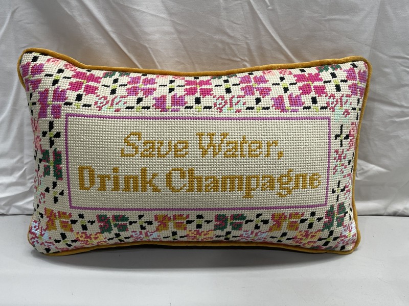 Furbish Save Water Drink Champagne Needlepoint Pillow