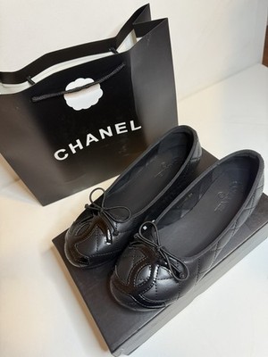 CHANEL Black Leather Ballet Flats Logo Bow Slip On Round Toe Women's Size 8