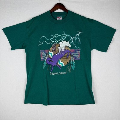 Vintage 90s Tee Jays Bridgeport California Horse Lightning Green T-Shirt Mens XL