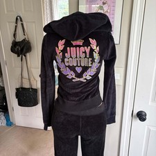 Vintage Juicy Couture Y2K Logo Black Velour Tracksuit Set 2-piece size S