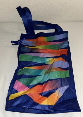 Amazon Reusable Fabric Gift Bag 13'' x 18'' Blue Multi Color Rainbow Ribbon Tote
