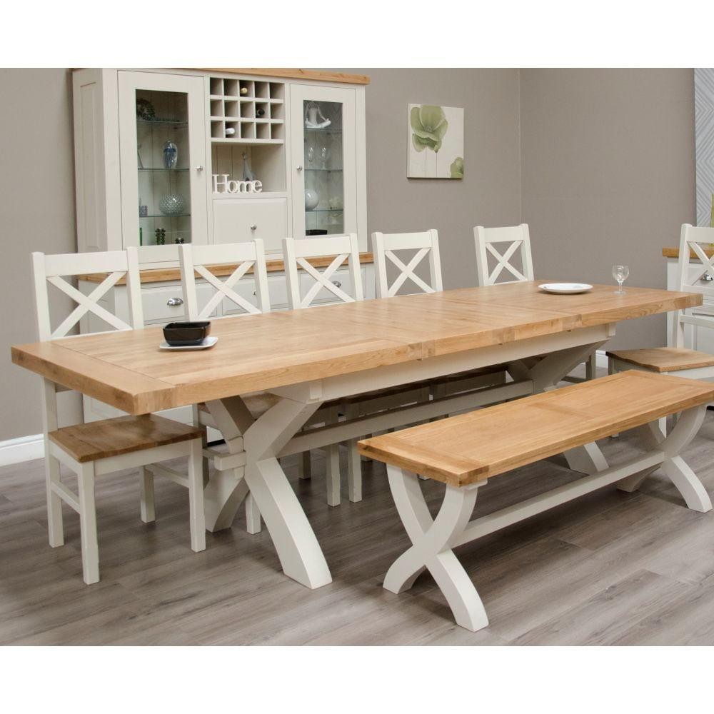 Painted Grey Grand Extending Dining Table, Deluxe Oak Top Dining Room Furniture