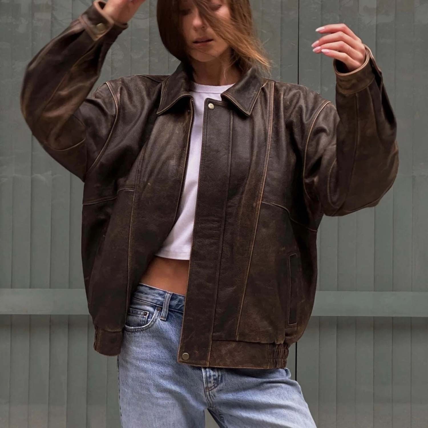 Womens Oversized 90s Baggy, Loose fit Brown Leather Jacket | Boxy Bomber Coat