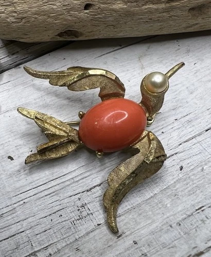VINTAGE SIGNED BSK BIRD BROOCH PIN COSTUME JEWELRY GOLD TONE ORANGE CAB 🧡