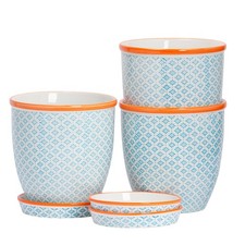 Image of Hand-Printed Plant Pots with Saucers - 20.5cm - Blue - Pack of 3