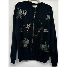 Shane Lee Vintage Christmas Rhinestone Zip Up Sweatshirt XL Black Made in USA