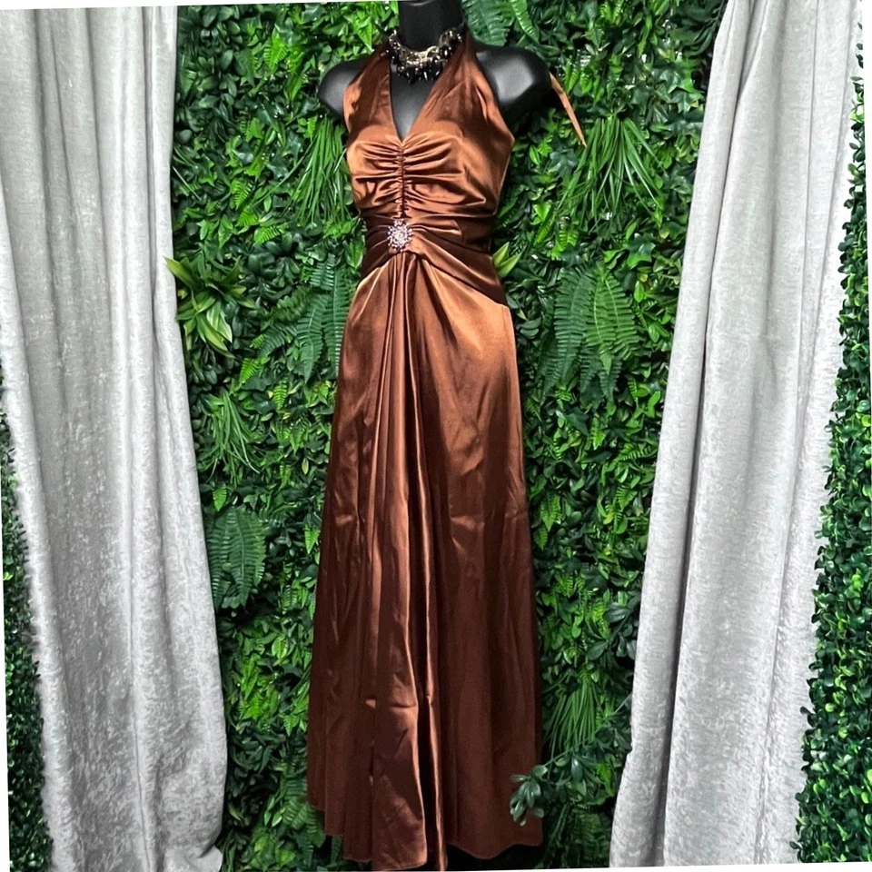 Maxi Vestido Formal Vintage Jessica McClintock Talla 6 Bronce Halter 2947 Foto 2 de 4