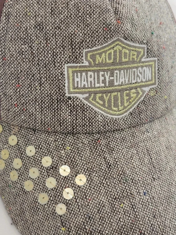 Harley Davidson Cap Women's OS Brown Gold Metallic Wool Blend Hat Tweed Sequins  - Image 2 of 4
