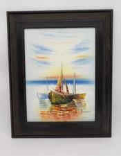 Original Signed Oil Impressionist Painting Sailboat Sunset in Rustic Black Frame