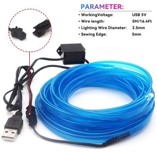 5M Interior USB El Wire String Strip Blue Cold Lights Set Ambient Car Dash Decor - Picture 3 of 12