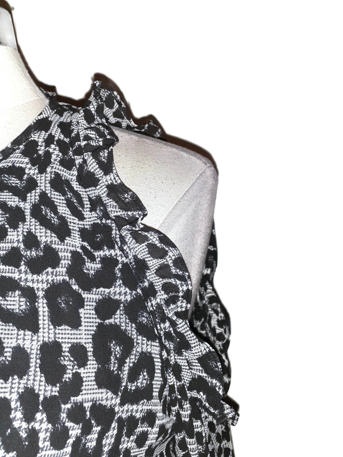 Abito MICHAEL KORS Tg M A Line Nero Grigio Stampa Animalier Manica Lunga Spalla Fredda