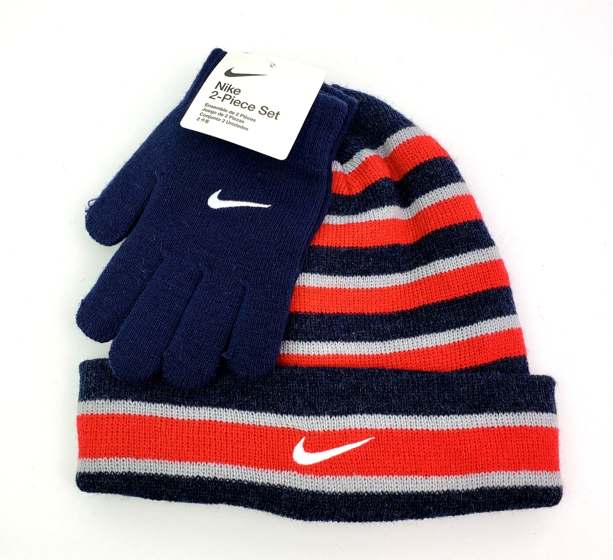 Nike Boys Size 8/20 Red Navy Striped Knit Warm Beanie Hat Gloves