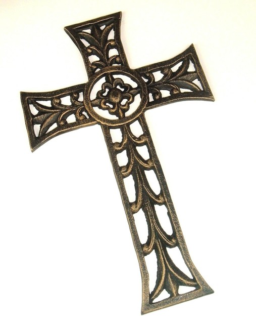 Large Metal Wall Cross Rustic Black Gold Ornate flower religious Goth