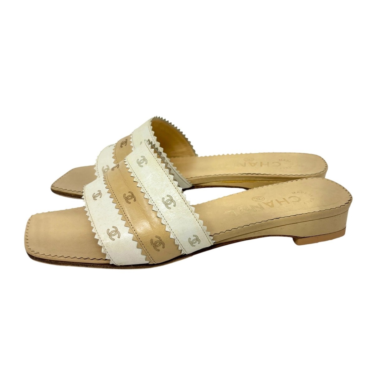 CHANEL ベージュ ブラウン ミュール 36 CHANEL Satin Coco mark Flat Sandals Mules Pumps Shoes Women