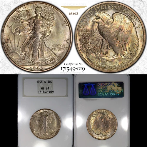 MS65 1945-S 50C Walking Liberty Silver Half Dollar, NGC Fatty, Nicely Toned