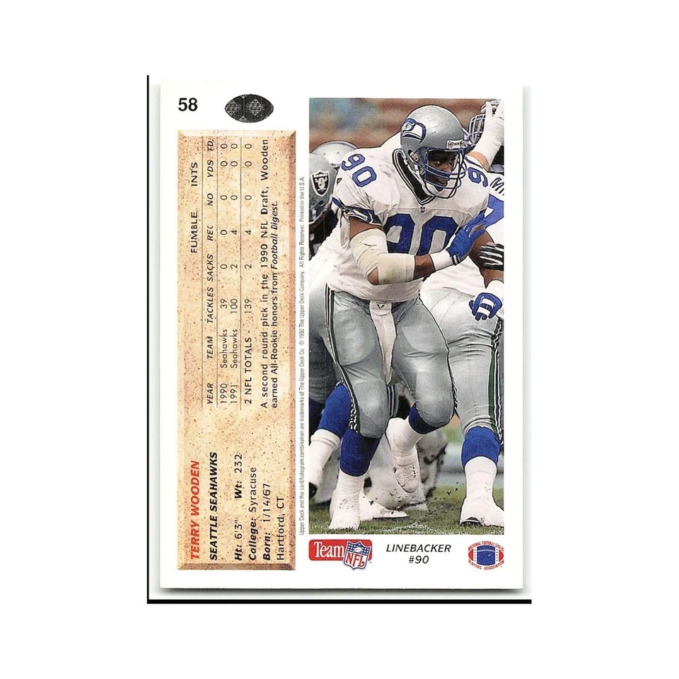 Terry Wooden 1992 Upper Deck #58 Seattle Seahawks Football Card NM - Image 2 of 3