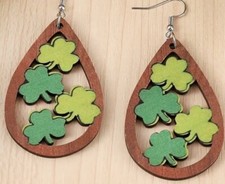 Wooden Shamrock St Patrick's Day Green Clover Dangle Wood Teardrop Earrings NEW