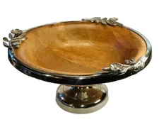 Wooden And Silver Metal Pedestal Fruit Centerpiece Display Bowl