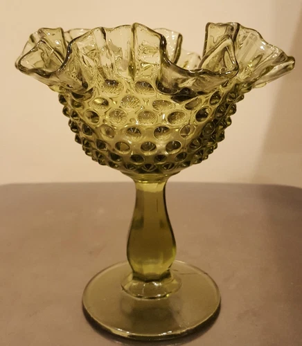 SIGNED FENTON  6" GREEN HOBNAIL RUFFLED CRIMPED COMPOTE