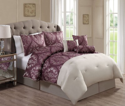 Luxurious 7 Piece Jacquard Mauve Beige Comforter Bedding Set New