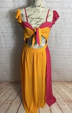 Women’s Chiffon Long Maxi Dress Size Medium (UK 10) Shein Orange & Pink Cut Out