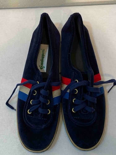 Sz 8 NOS Vtg Grasshoppers Shoe Navy BLUE Velvet Velour Sneaker 3-Stripe Red Tan - Picture 12 of 12