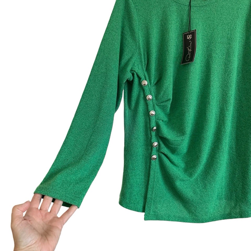 DG2 Diane Gilman Brushed Knit Side Snap Sweater Top 1X Heather Green