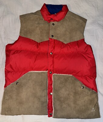 Vintage 70s Gerry Down Suede Puffer Snap Vest Red Tan X-Large Excellent 