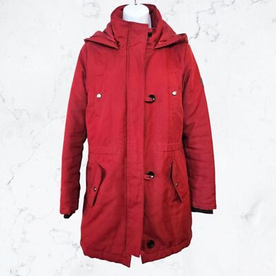 Only Red Button Zip Front Hooded Fall Winter Parka Coat Jacket