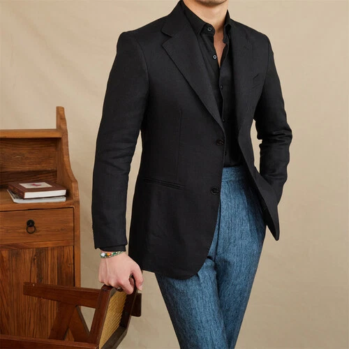 100% Linen Mens Peak Lapel Blazer Double Breasted Coat Suit Jacket Formal Casual - Bild 4 von 22