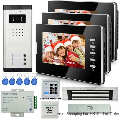 LCD 7'' VIDEO DOOR PHONE INTERCOM SYSTEM FOR APARTMENT 3 MONITORS+ MAGNETIC LOCK