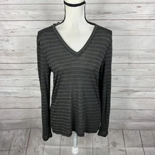 Rails Women’s Sami V-Neck T-Shirt Size Small Charcoal Bronze Striped Long Sleeve