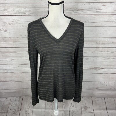 Rails Women s Sami V-Neck T-Shirt Size Small Charcoal Bronze Striped Long Sleeve