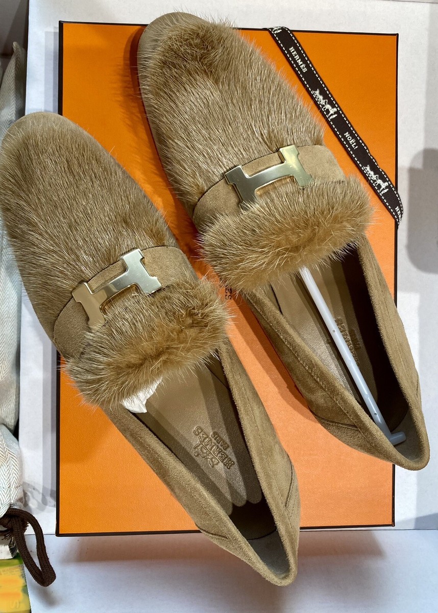 Hermes Loafers Mink Fur Suede Goatskin Paris Brown Gold