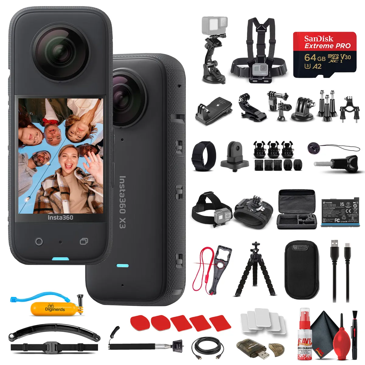Insta360 X3 - Waterproof 360 Camera + 50-in-1 Accessory Kit + 64GB Card +  More 6970357853922