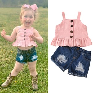 Toddler Baby Kids Girls Sleeveless Ruffle Tops Ripped Jean Denim Shorts Outfits Ebay