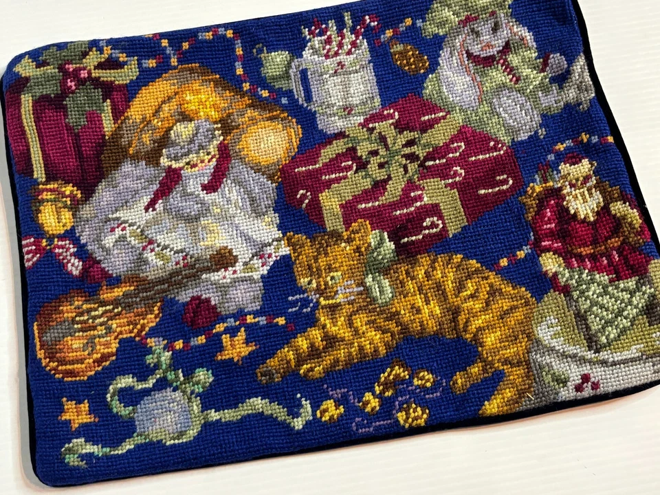 NEW Wool Needlepoint Pillow Cover Christmas Antique Toys Gifts Presents 16 x 12 - Image 2 of 3
