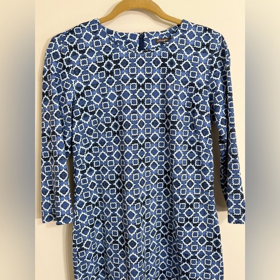 J. MCLAUGHLIN Geometric Shift Midi Dress Scoop Neck Stretch Blue